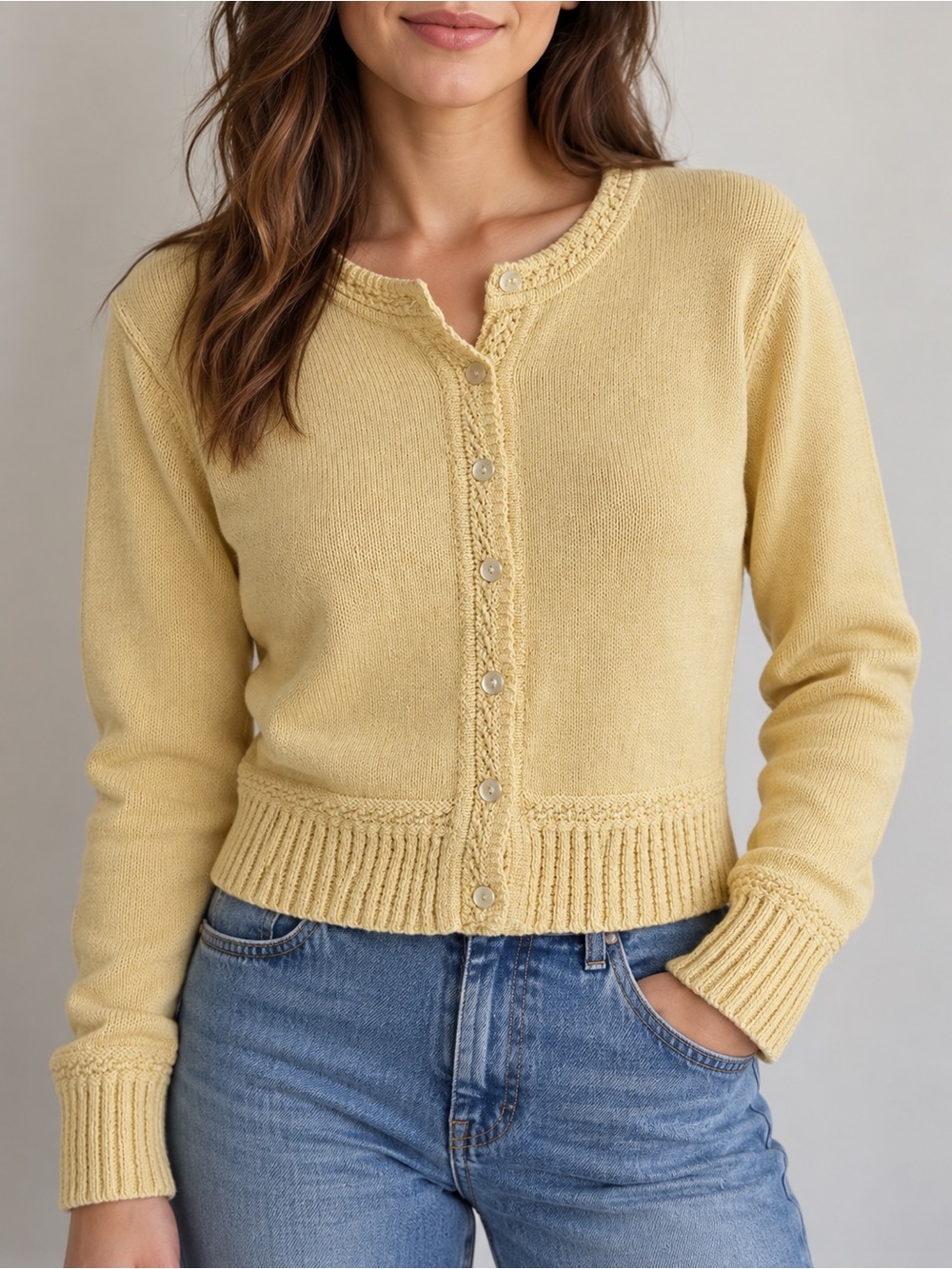 Doncaster Collection Yellow 100% Cotton Knit Cardigan M